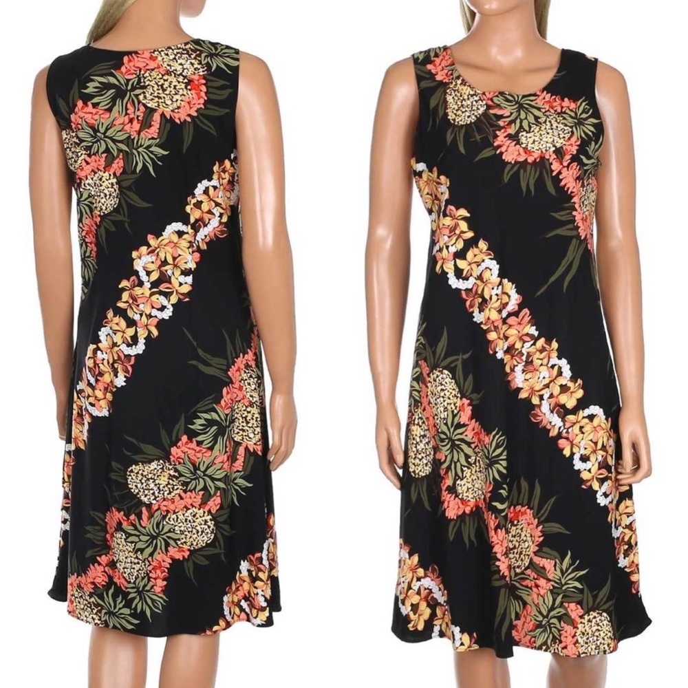 Vintage Hilo Hattie Hawaiian Pineapple Hibiscus Print Sleeveless Black Dress S